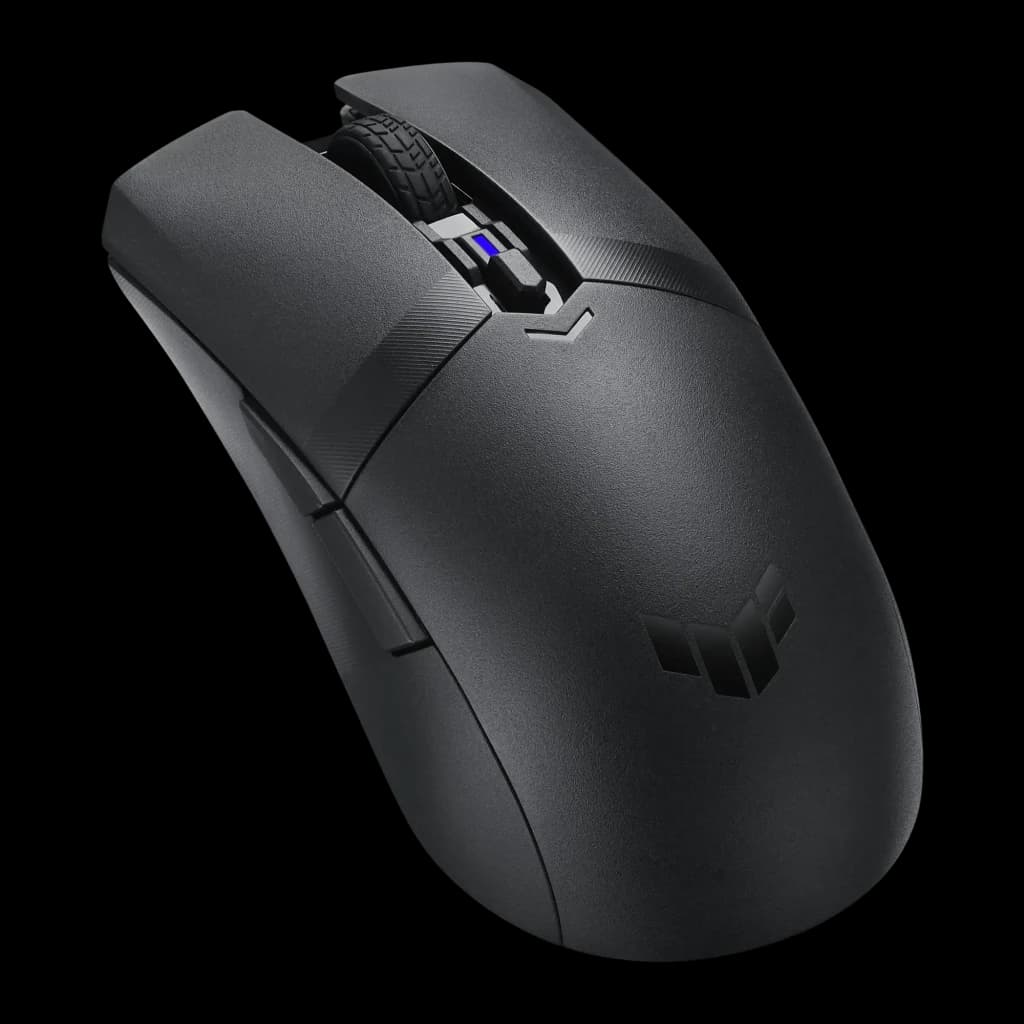 ASUS TUF Gaming M4 Wireless noir, vue avant 3/4: corps texturé, molette striée et logo TUF rétroéclairé en bleu