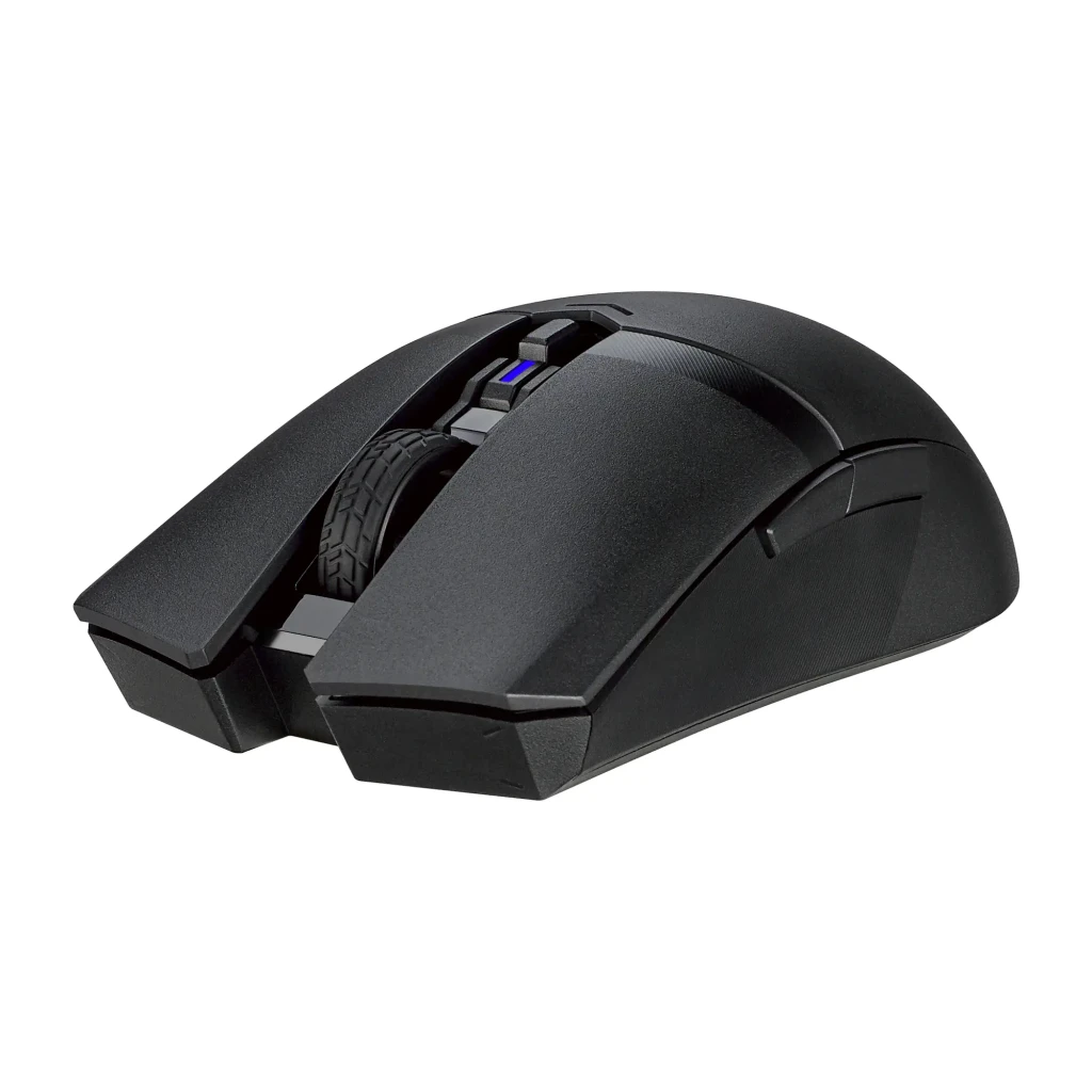 ASUS TUF Gaming M4 Wireless Preto, vista superior: roda texturizada, indicador DPI azul e logótipo TUF em corpo mate - Item5