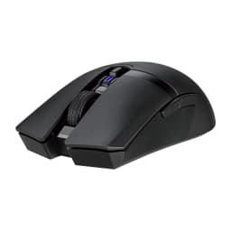 ASUS TUF Gaming M4 Wireless Noir, vue latérale: molette texturée, bouton DPI bleu et panneaux latéraux en relief géométrique