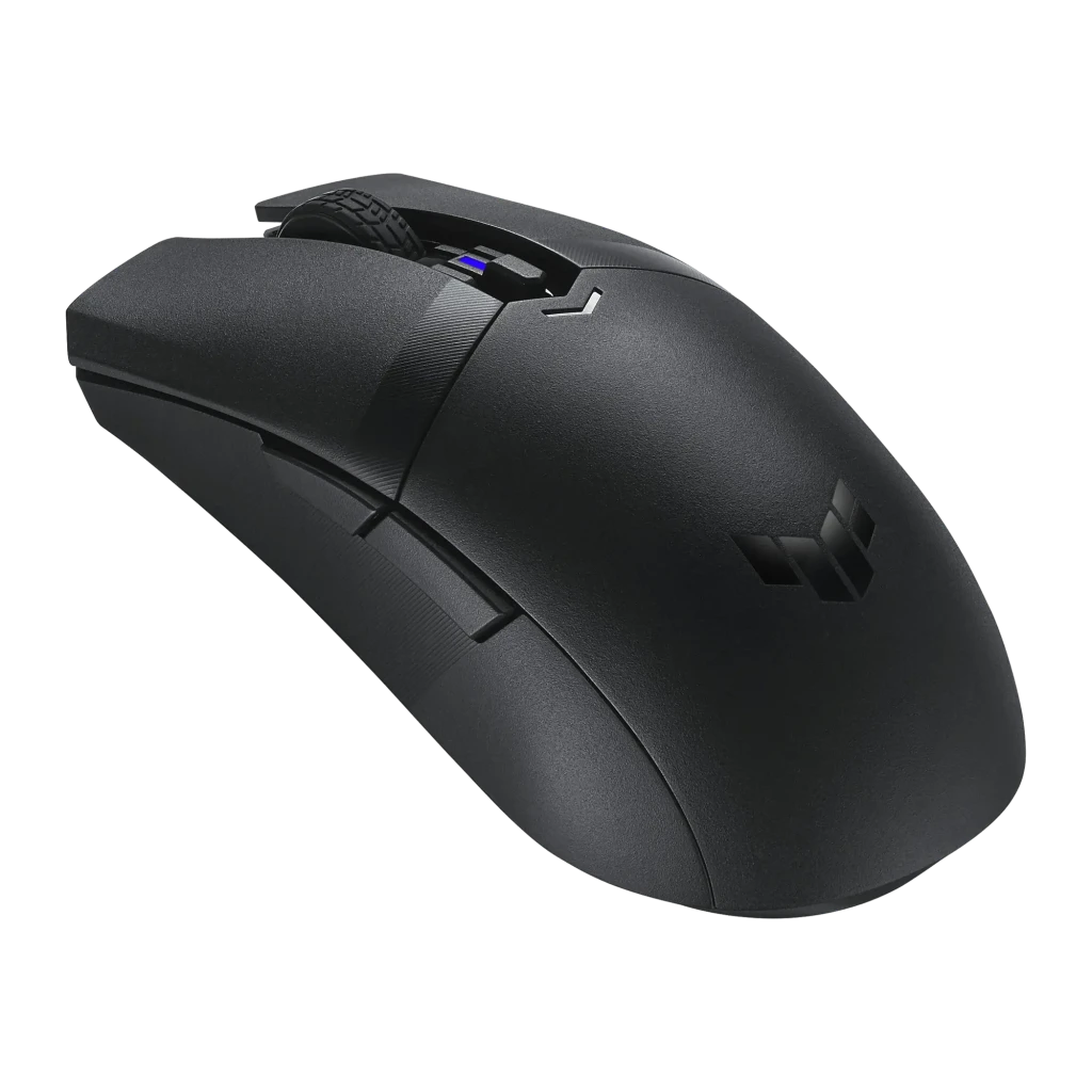 ASUS TUF Gaming M4 Wireless Preto, vista superior: roda texturizada, indicador DPI azul e logótipo TUF em corpo mate - Item1
