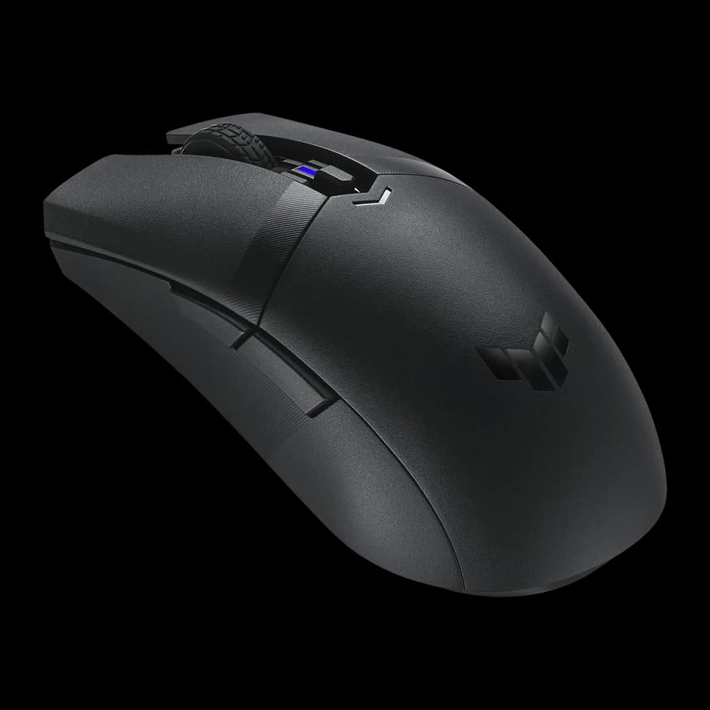 ASUS TUF Gaming M4 Wireless noir, vue latérale droite: profil ergonomique complet, boutons latéraux et molette visibles