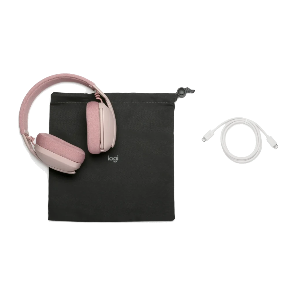 Logitech Zone Vibe 100 rosa, vista en ángulo: diadema textil, almohadillas y micrófono plegable visibles - Ítem3