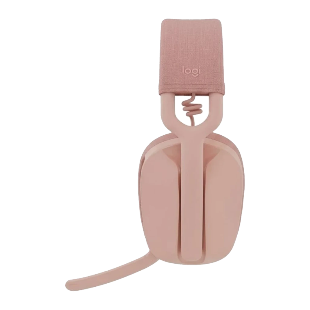 Logitech Zone Vibe 100 rosa, vista en ángulo: diadema textil, almohadillas y micrófono plegable visibles - Ítem1