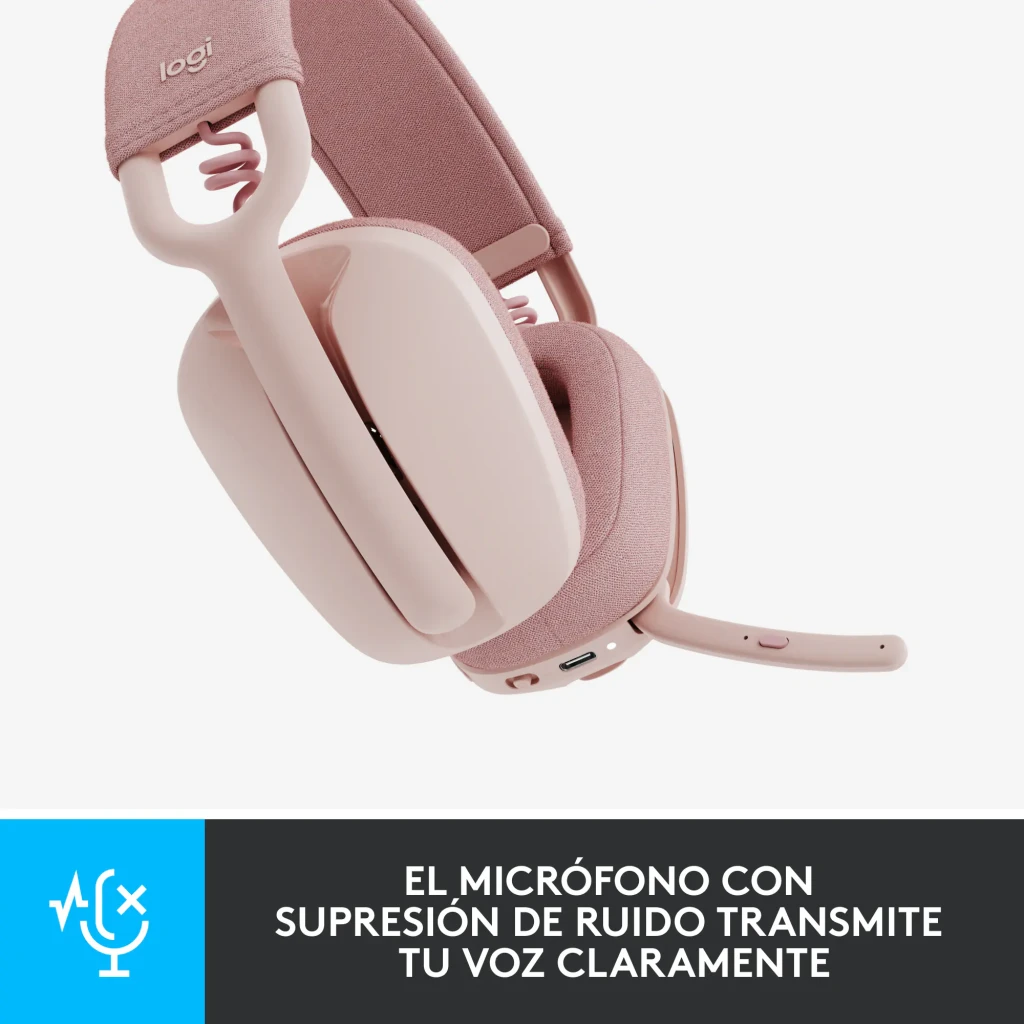 Logitech Zone Vibe 100 rosa, vista en ángulo: diadema textil, almohadillas y micrófono plegable visibles - Ítem4