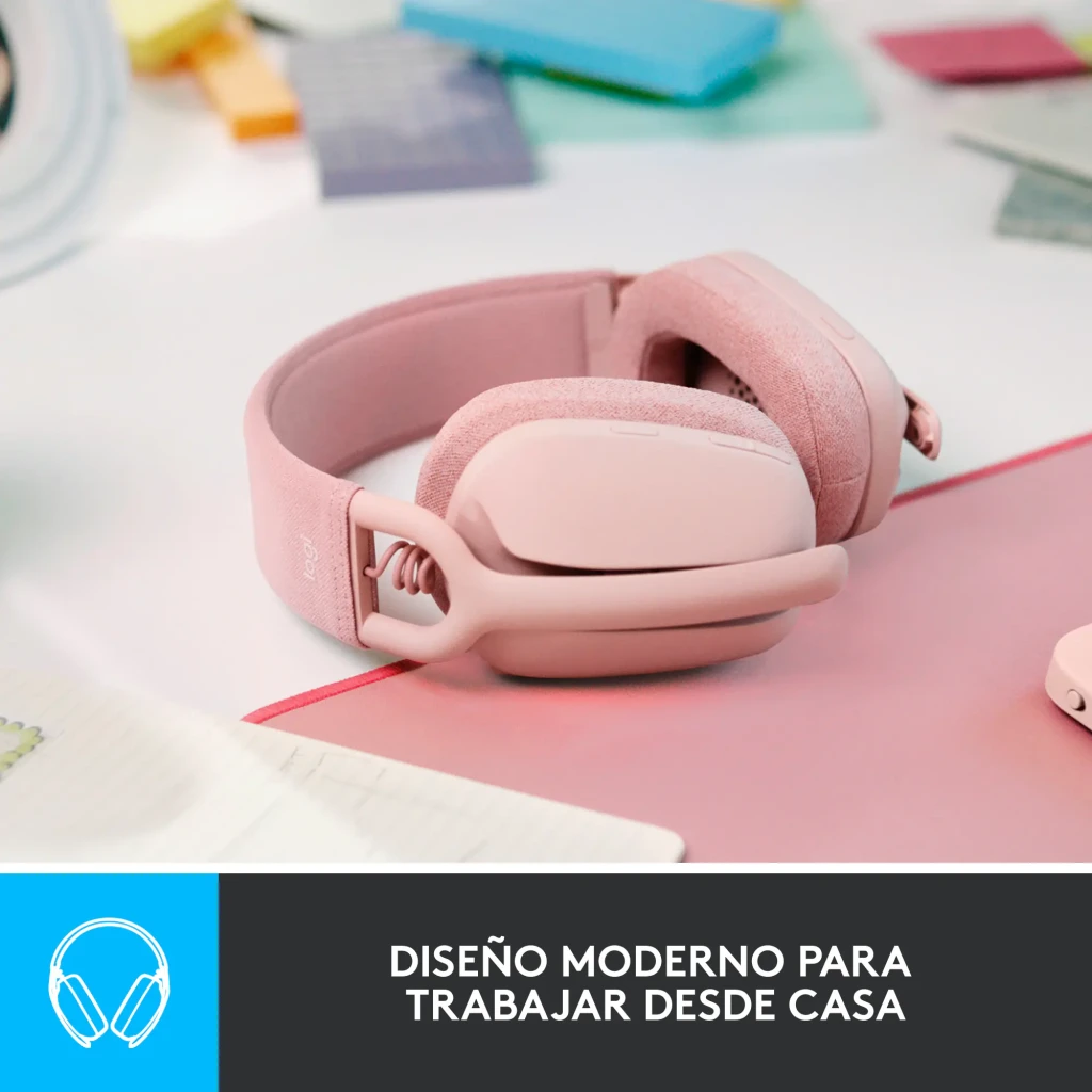 Logitech Zone Vibe 100 rosa, vista en ángulo: diadema textil, almohadillas y micrófono plegable visibles - Ítem5