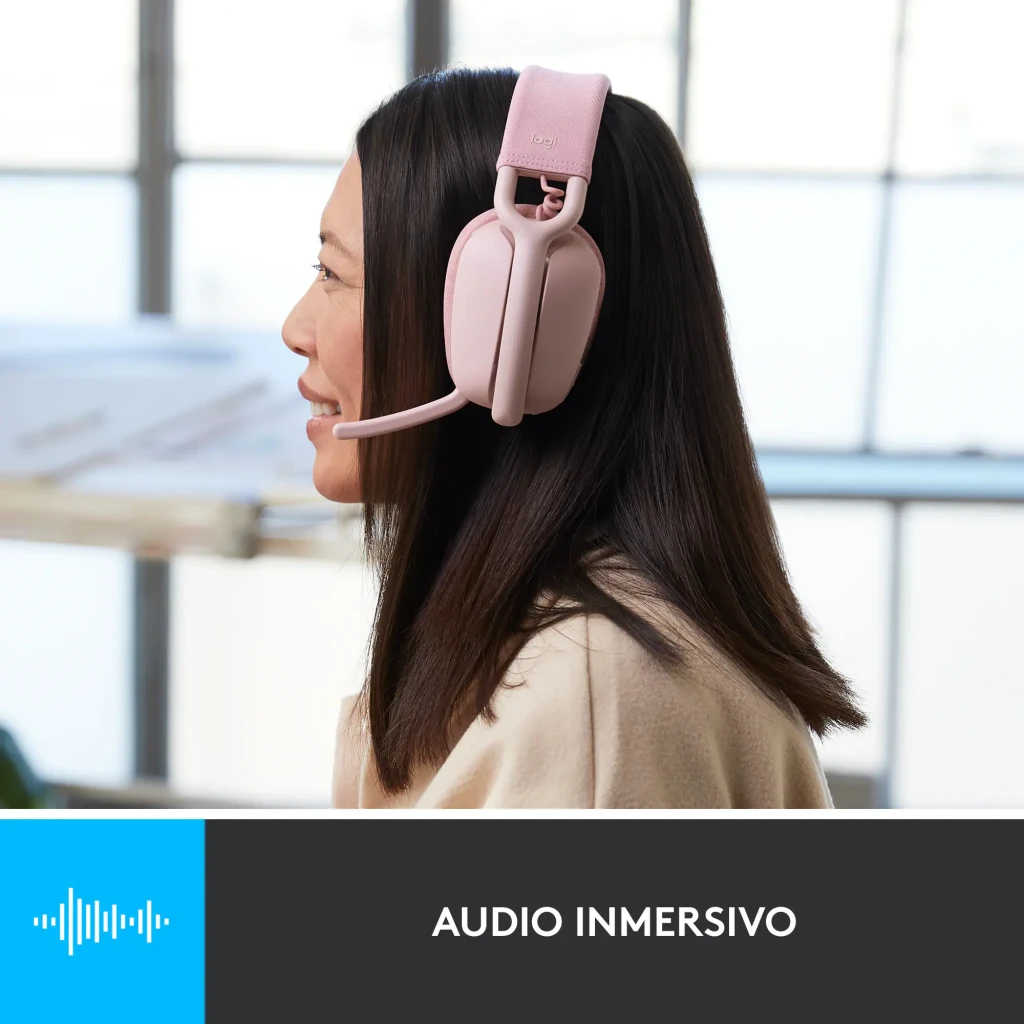 Logitech Zone Vibe 100 rosa, vista en ángulo: diadema textil, almohadillas y micrófono plegable visibles - Ítem6