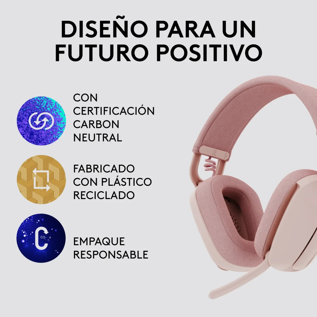 Logitech Zone Vibe 100 rosa, vista en ángulo: diadema textil, almohadillas y micrófono plegable visibles - Ítem7