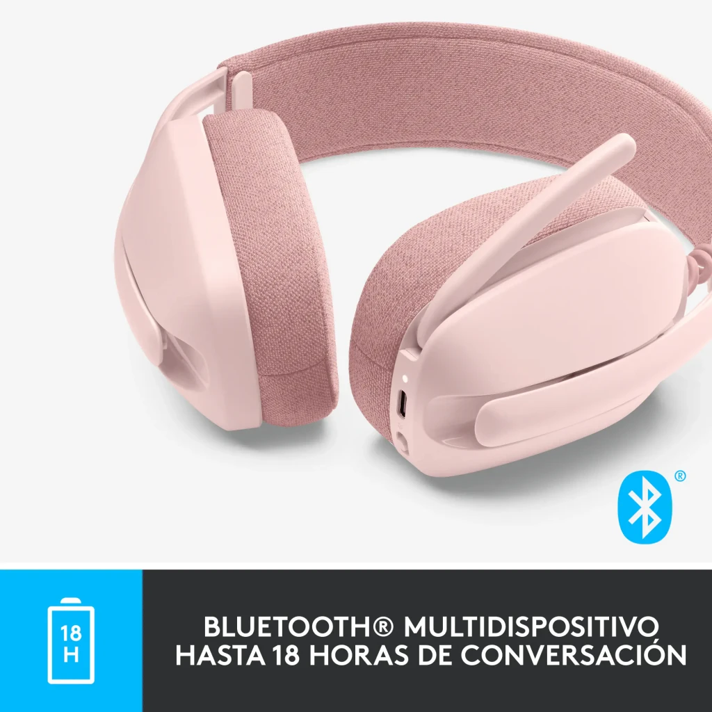 Logitech Zone Vibe 100 rosa, vista en ángulo: diadema textil, almohadillas y micrófono plegable visibles - Ítem8