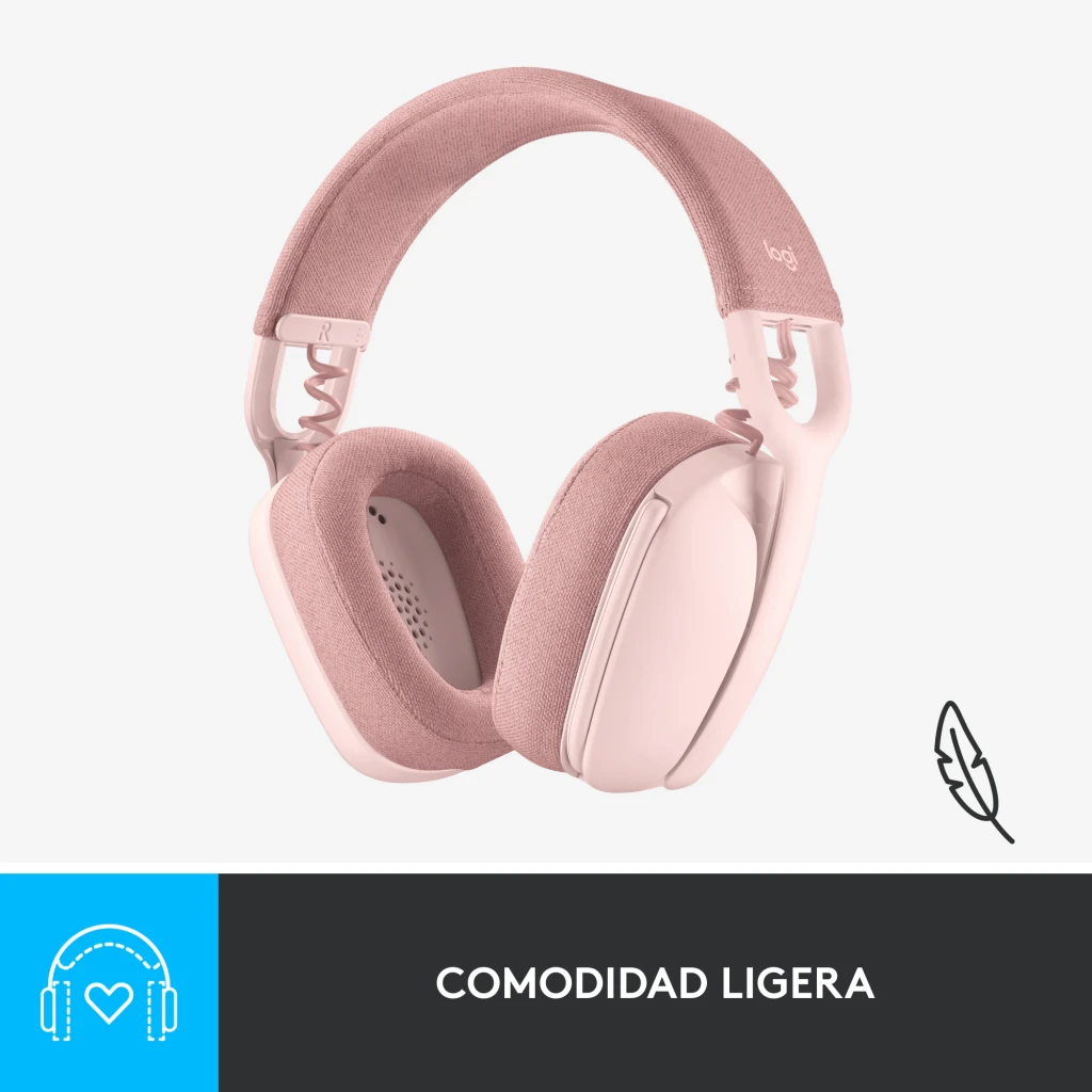Logitech Zone Vibe 100 rosa, vista en ángulo: diadema textil, almohadillas y micrófono plegable visibles - Ítem9