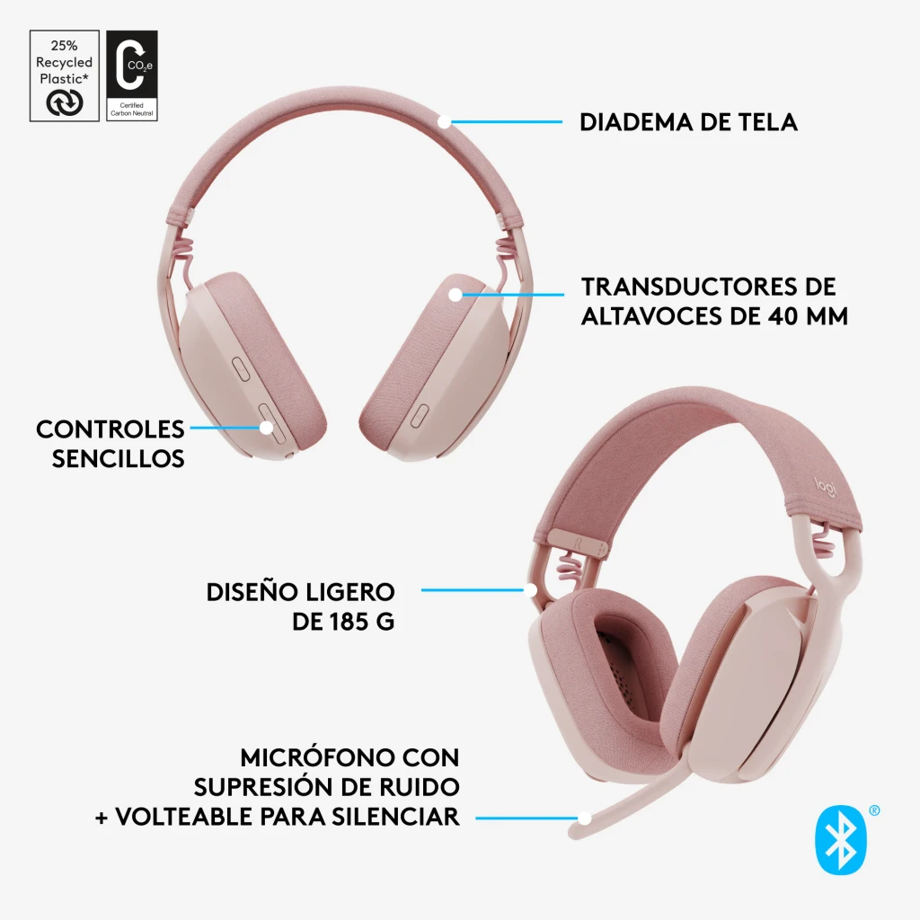 Logitech Zone Vibe 100 rosa, vista en ángulo: diadema textil, almohadillas y micrófono plegable visibles - Ítem10