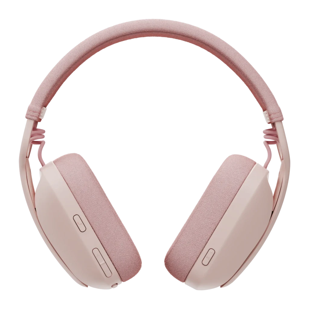 Logitech Zone Vibe 100 rosa, vista en ángulo: diadema textil, almohadillas y micrófono plegable visibles - Ítem2