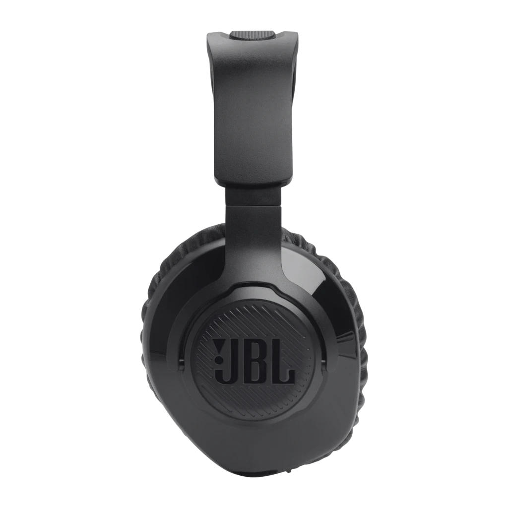 JBL Quantum 360X Negro, vista lateral: auriculares gaming con diadema verde, logo JBL en copa y micrófono flexible - Ítem4