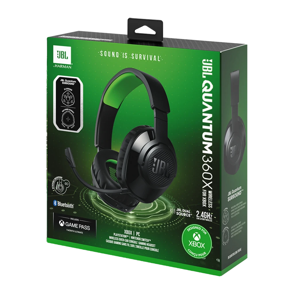 JBL Quantum 360X Negro, vista lateral: auriculares gaming con diadema verde, logo JBL en copa y micrófono flexible - Ítem6