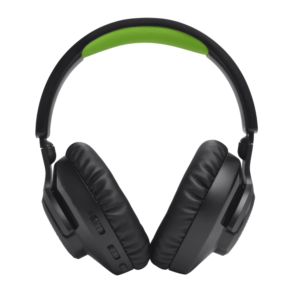 JBL Quantum 360X Negro, vista lateral: auriculares gaming con diadema verde, logo JBL en copa y micrófono flexible - Ítem2
