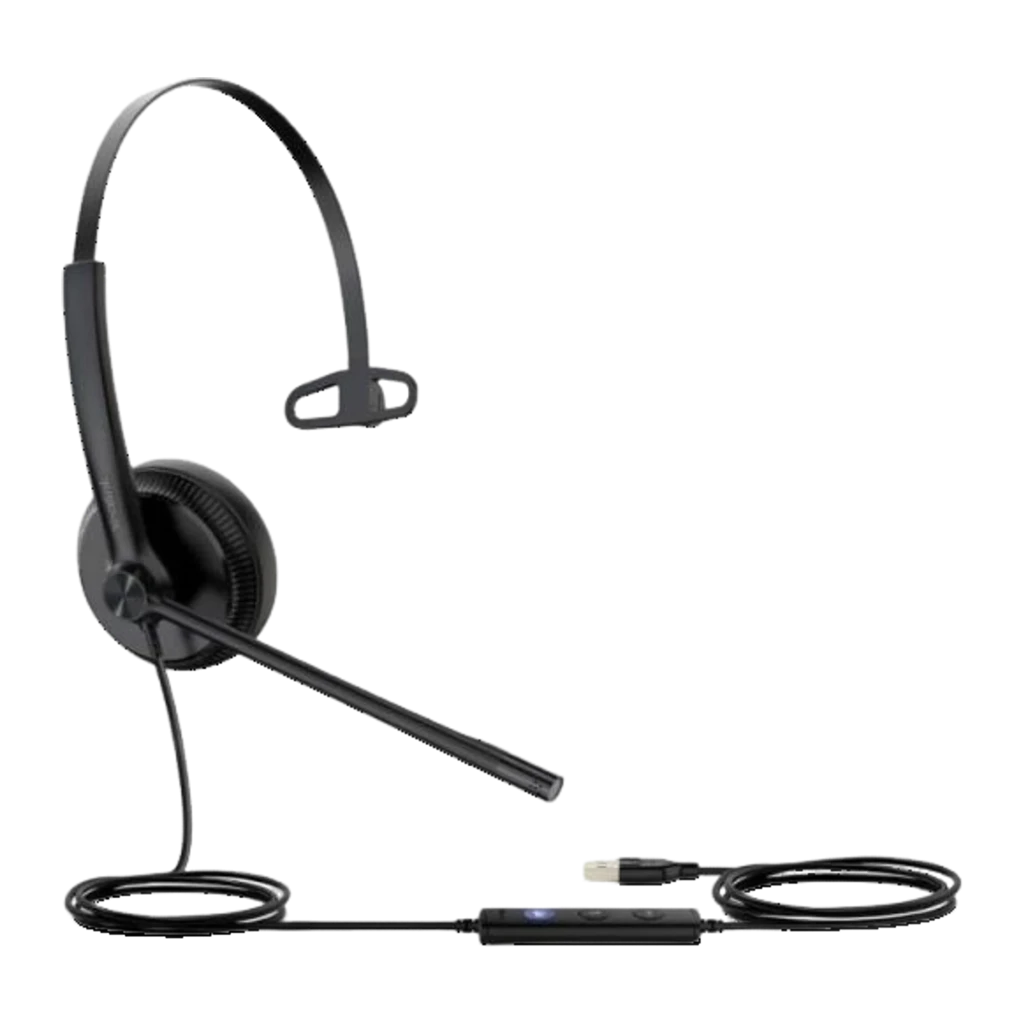 Yealink Auriculares UH34 Mono Teams Negro, vista lateral: auricular monoaural negro con micrófono boom, diadema y cable USB
