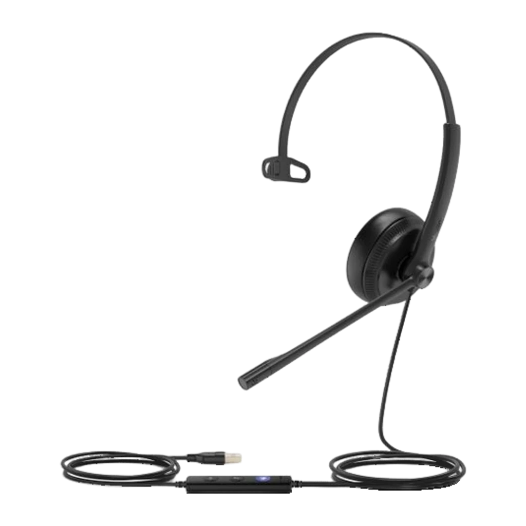 Yealink UH34 Mono Teams negro, vista lateral: auricular monoaural con micrófono boom, cable USB y control en línea con LED