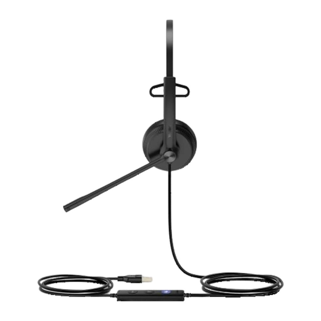 Yealink Auriculares UH34 Mono Teams Negro, vista lateral: auricular monoaural con micrófono boom, cable USB y mando en línea
