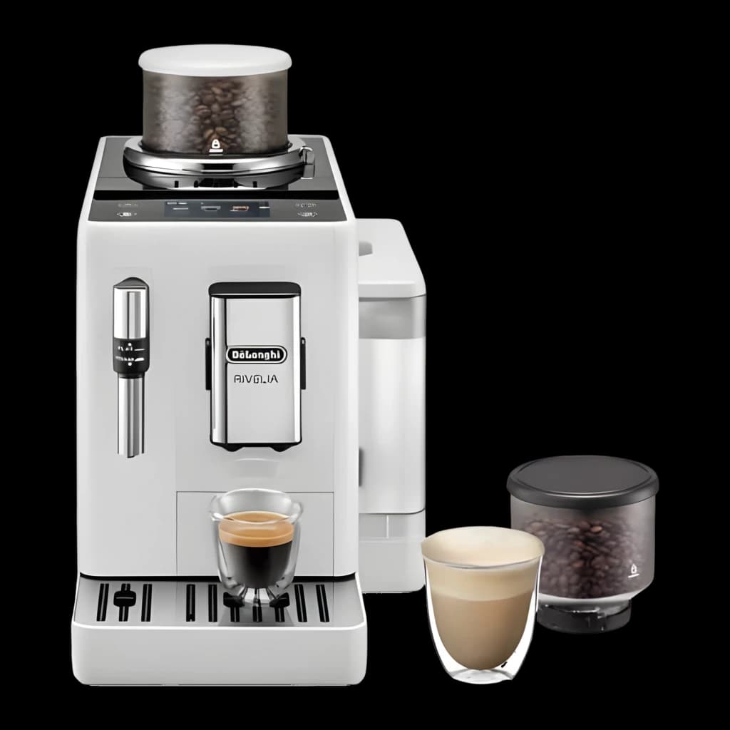 De'Longhi Rivelia EXAM440.35B Branco, vista frontal: máquina com espresso e latte, recipiente extra de grãos