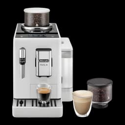 De'Longhi Rivelia EXAM440.35B Branco, vista frontal: máquina com espresso e latte, recipiente extra de grãos