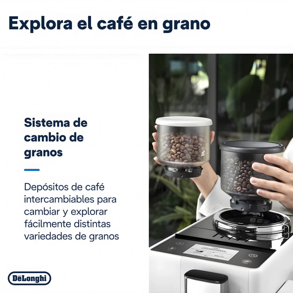 De'Longhi Rivelia EXAM440.35B Branco, detalhe: mãos trocando recipientes intercambiáveis de grãos no moedor