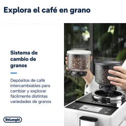 De'Longhi Rivelia EXAM440.35B Branco, detalhe: mãos trocando recipientes intercambiáveis de grãos no moedor