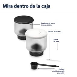 De'Longhi Rivelia EXAM440.35B Branco, conteúdo caixa: depósitos de grãos intercambiáveis, teste dureza e colher medidora