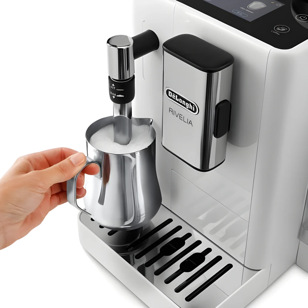 De'Longhi Rivelia EXAM440.35B Branco, vista frontal: máquina com espresso e latte, recipiente extra de grãos - Item3