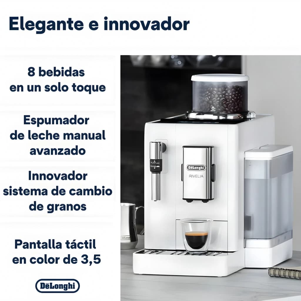 De'Longhi Rivelia EXAM440.35B branco, infográfico: vista frontal com vaporizador, depósito de grãos e espresso servido