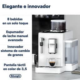 De'Longhi Rivelia EXAM440.35B branco, infográfico: vista frontal com vaporizador, depósito de grãos e espresso servido