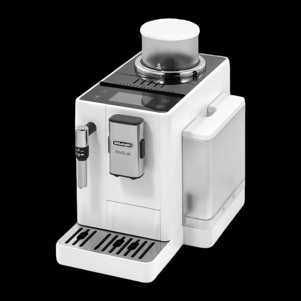 De'Longhi EXAM440.35B Rivelia branco, vista em ângulo: corpo completo, painel tátil, vaporizador e depósito lateral