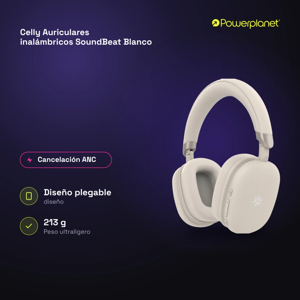 Celly SoundBeat blanc, vue en angle: casque sans fil avec logo Celly et boutons de contrôle visibles sur l'écouteur latéral - Ítem1