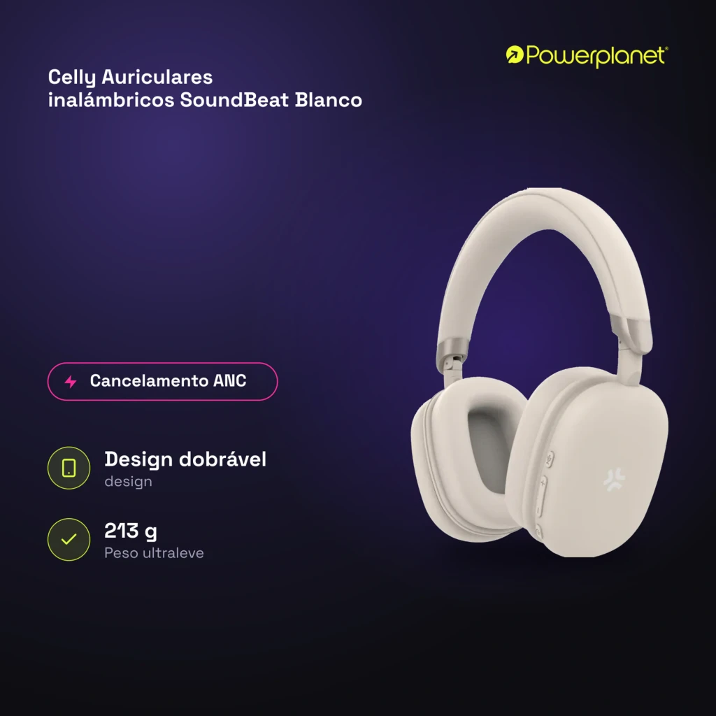 Celly SoundBeat blanc, vue en angle: casque sans fil avec logo Celly et boutons de contrôle visibles sur l'écouteur latéral - Ítem2
