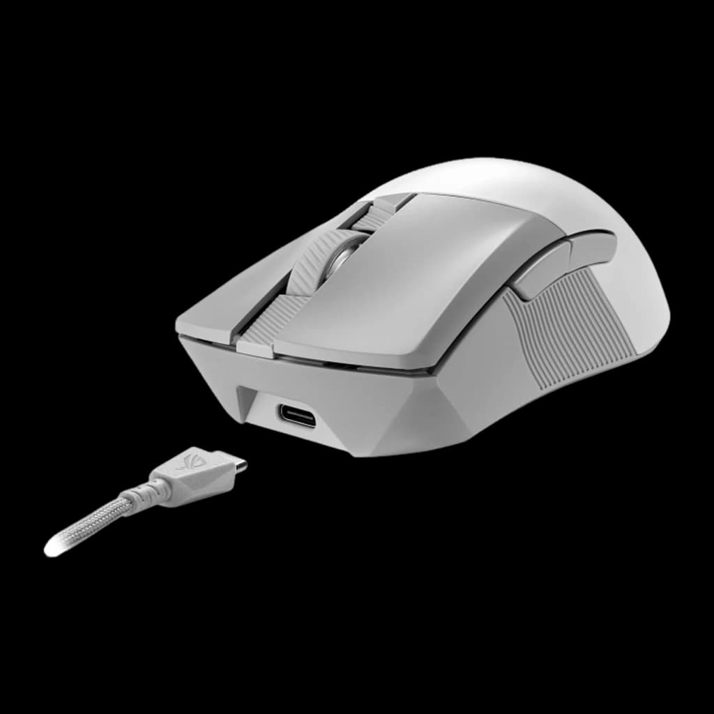 ASUS ROG Gladius III Wireless AimPoint blanc, kit vue avant: port USB-C sur la face avant et câble tressé déconnecté