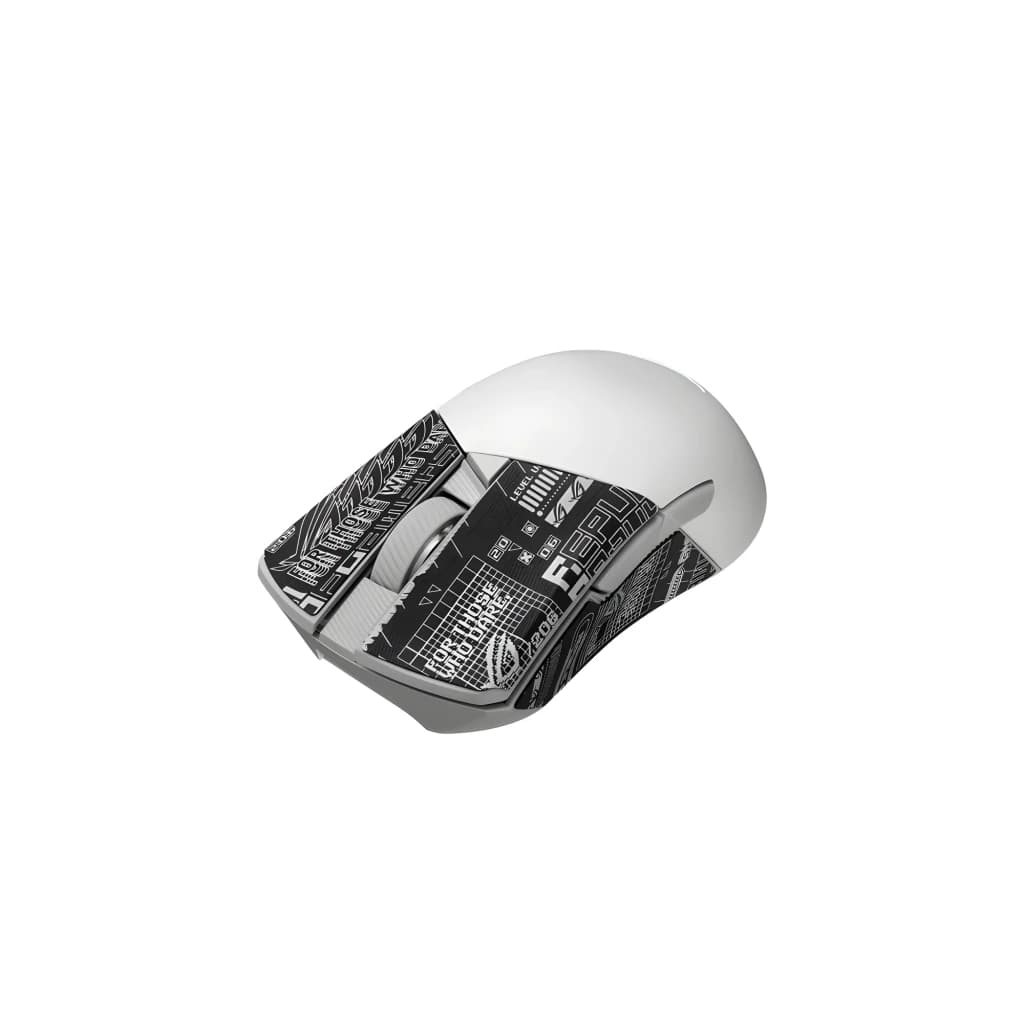 ASUS ROG Gladius III Wireless AimPoint Blanc, vue supérieure en angle: coque blanche avec skin latéral graphique noir et