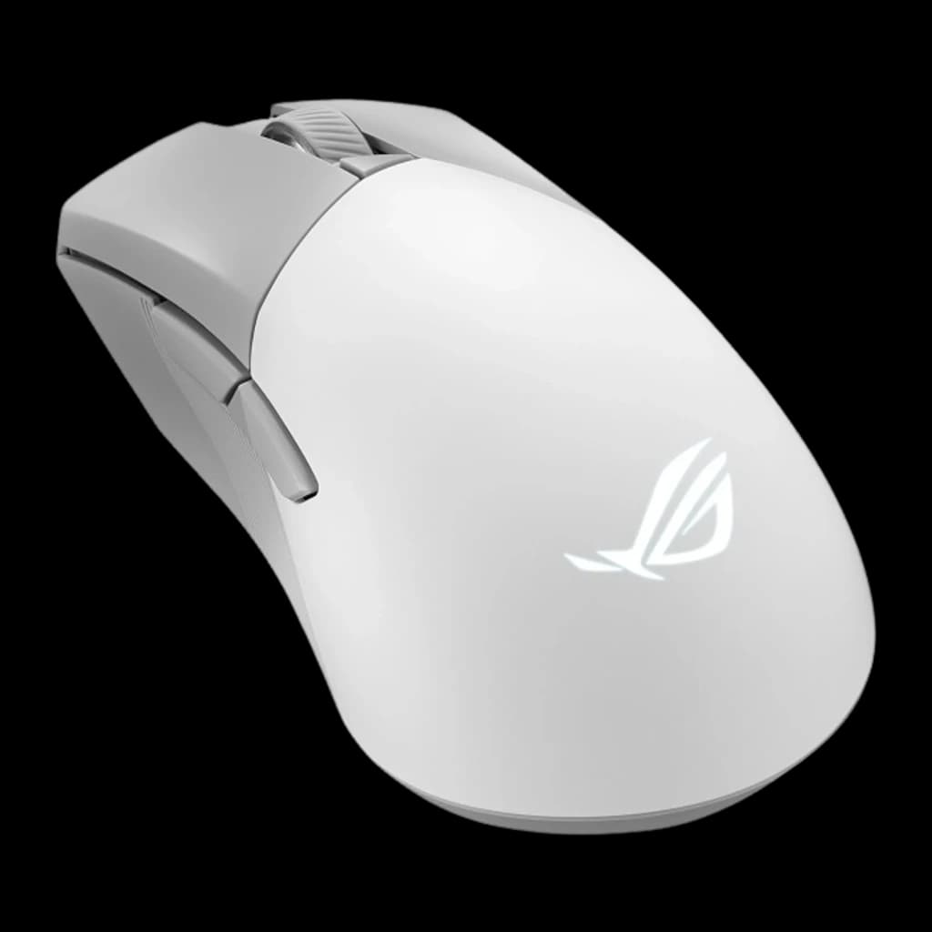 ASUS ROG Gladius III Wireless AimPoint blanc, vue diagonale supérieure: logo ROG éclairé sur le corps lisse