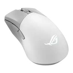 ASUS ROG Gladius III Wireless AimPoint blanc, vue diagonale supérieure: logo ROG éclairé sur le corps lisse