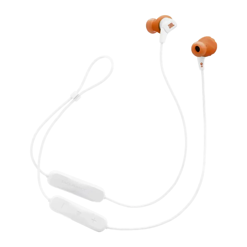 JBL Endurance Run 3 Wireless Blanco, vista detalle: auriculares in-ear con aletas naranjas, cable y jack 3.5mm - Ítem6