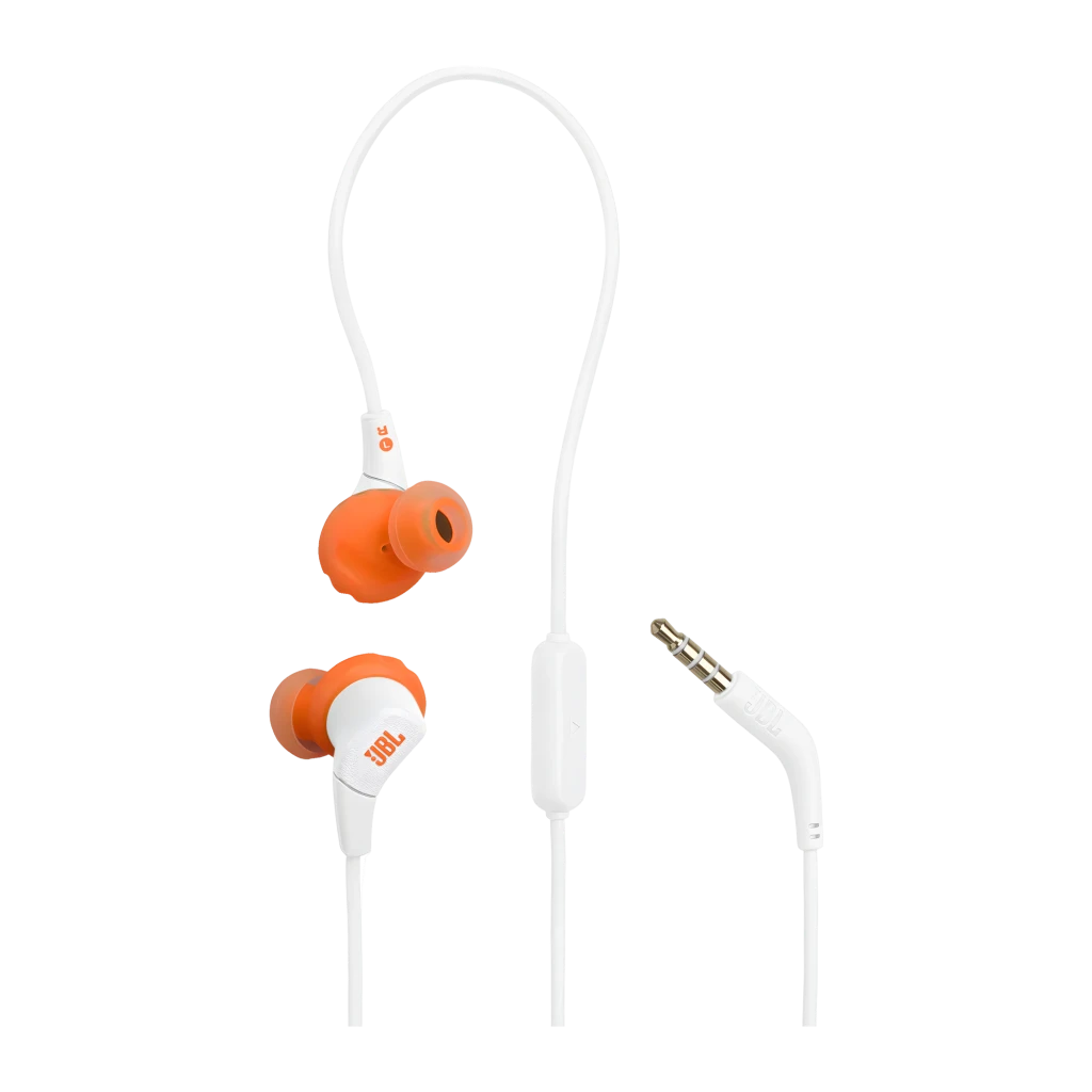 JBL Endurance Run 3 Wireless Blanco, vista detalle: auriculares in-ear con aletas naranjas, cable y jack 3.5mm - Ítem7