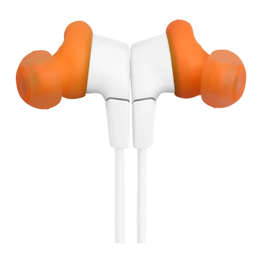 JBL Endurance Run 3 Wireless Blanco, vista detalle: auriculares in-ear con aletas naranjas, cable y jack 3.5mm - Ítem1