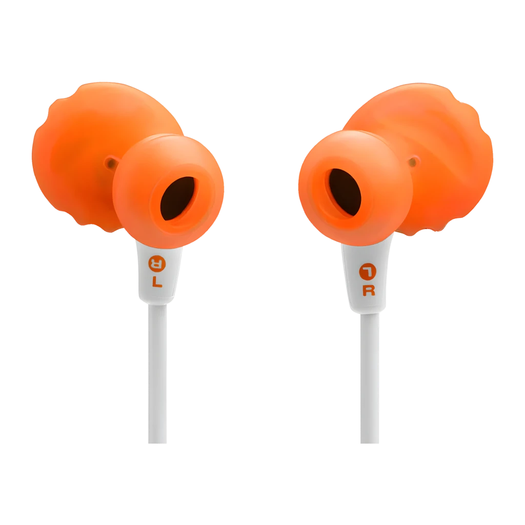 JBL Endurance Run 3 Wireless Blanco, vista detalle: auriculares in-ear con aletas naranjas, cable y jack 3.5mm - Ítem2