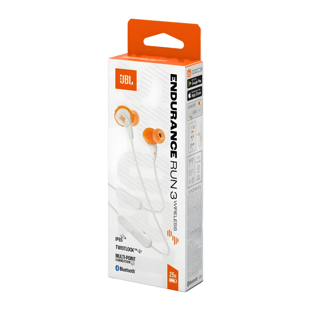 JBL Endurance Run 3 Wireless Blanco, vista detalle: auriculares in-ear con aletas naranjas, cable y jack 3.5mm - Ítem3