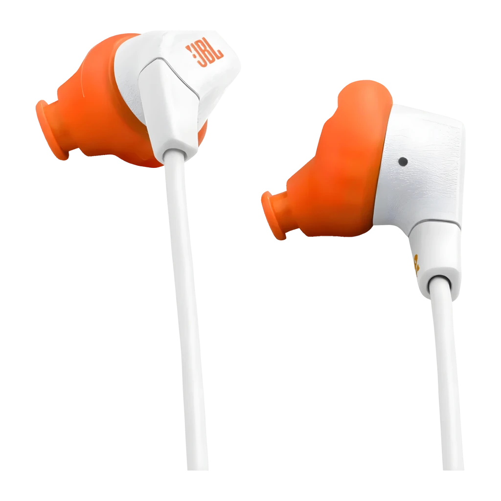 JBL Endurance Run 3 Wireless Blanco, vista detalle: auriculares in-ear con aletas naranjas, cable y jack 3.5mm - Ítem5