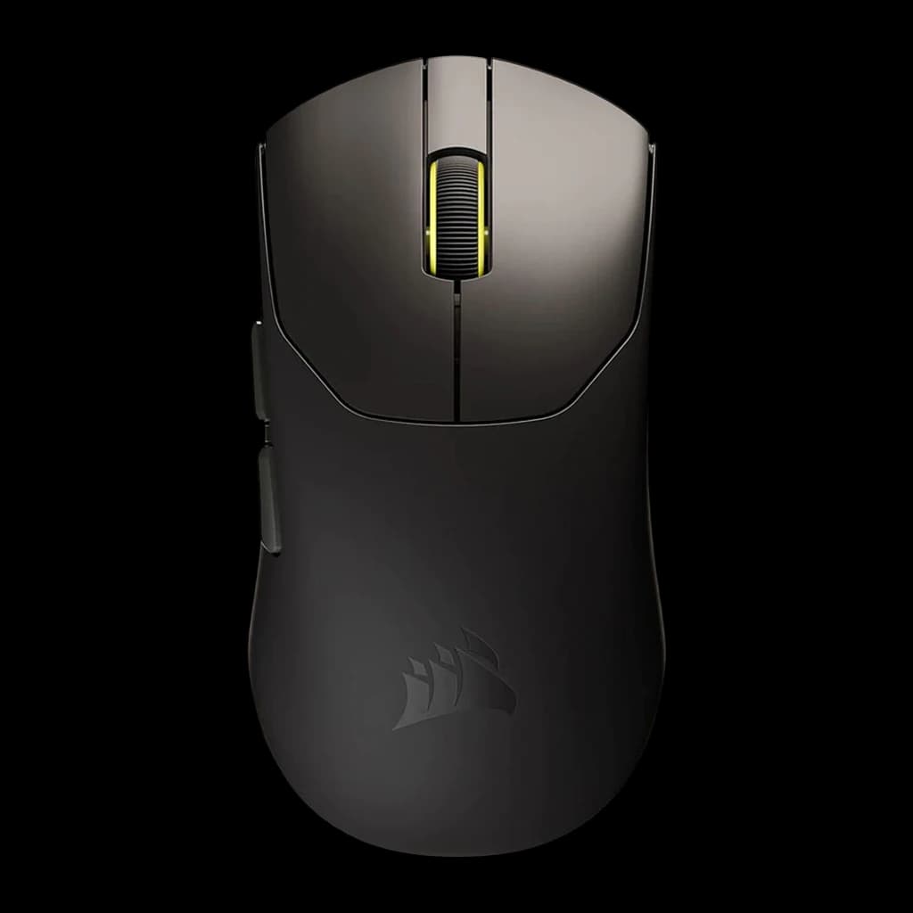 Corsair Sabre Pro V2 Ultralight Wireless negro, vista superior: rueda con iluminación amarilla y logo Corsair en la base