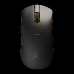 Corsair Sabre Pro V2 Ultralight Wireless negro, vista superior: rueda con iluminación amarilla y logo Corsair en la base