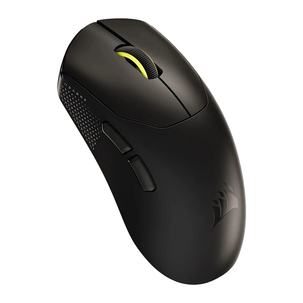Corsair Sabre Pro V2 Ultralight Wireless preto, vista superior: roda com iluminação amarela e logótipo Corsair na base - Item1