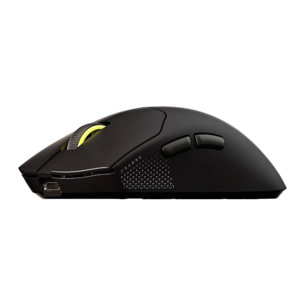 Corsair Sabre Pro V2 Ultralight Wireless preto, vista superior: roda com iluminação amarela e logótipo Corsair na base - Item2