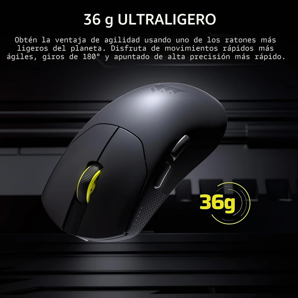 Corsair Sabre Pro V2 Ultralight Wireless preto, vista superior: roda com iluminação amarela e logótipo Corsair na base - Item4