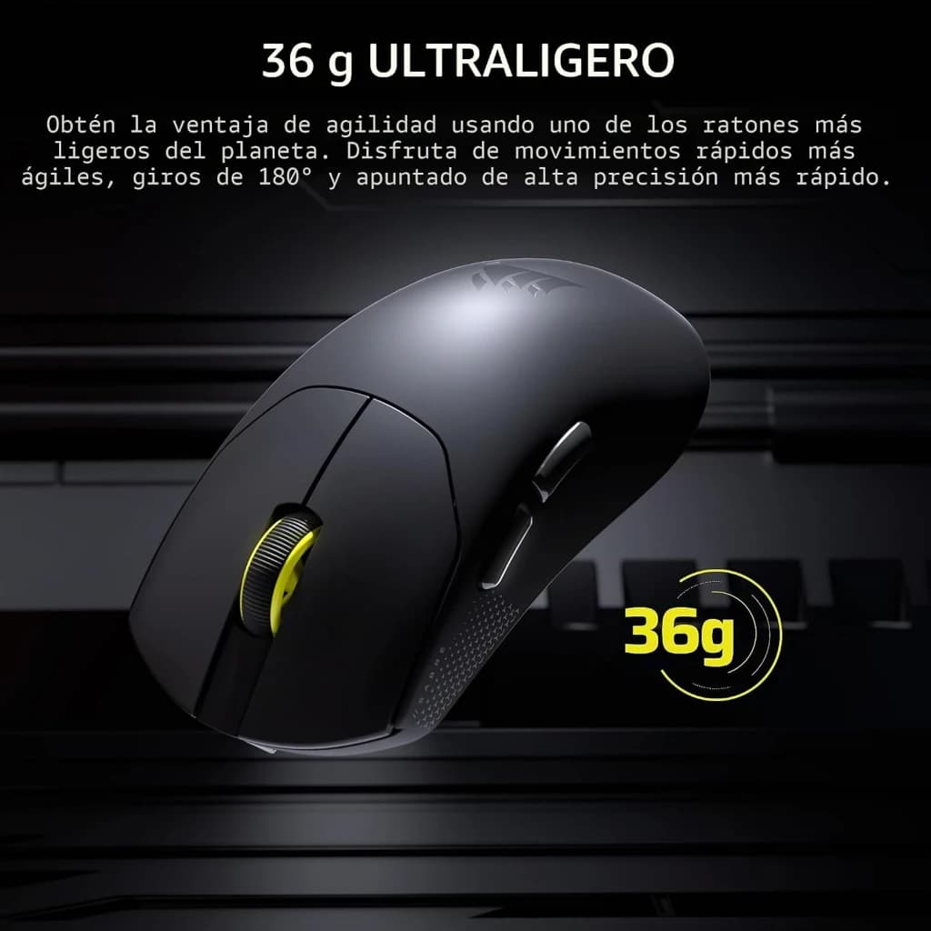 Corsair Sabre Pro V2 Ultralight Wireless negro, vista lateral: ratón negro con rueda amarilla, peso 36 g destacado