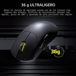 Corsair Sabre Pro V2 Ultralight Wireless negro, vista lateral: ratón negro con rueda amarilla, peso 36 g destacado
