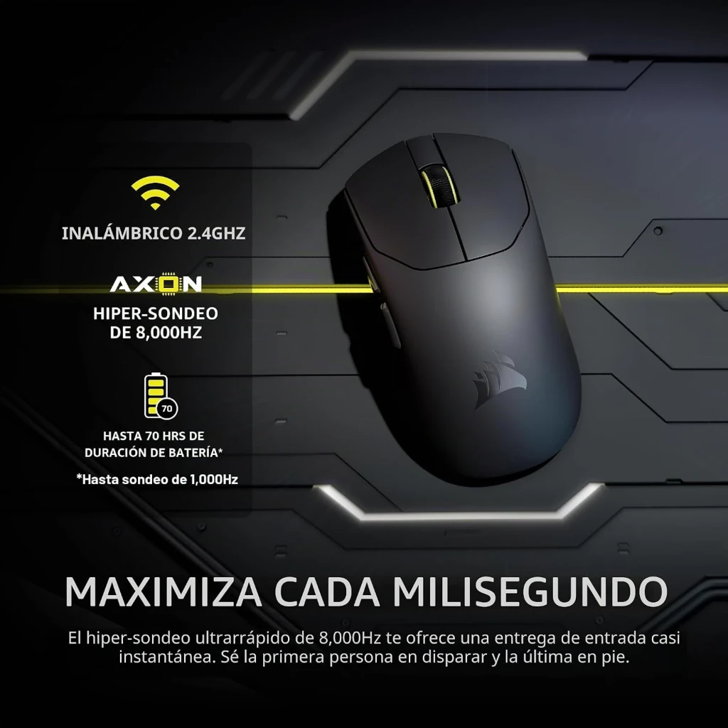 Corsair Sabre Pro V2 Ultralight Wireless preto, vista superior: roda com iluminação amarela e logótipo Corsair na base - Item6